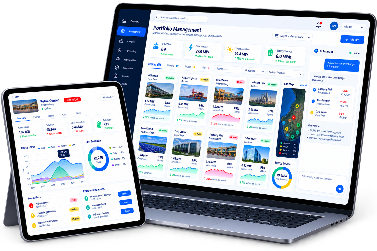 Wattzo portfolio management dashboard shown on a laptop and a tablet
