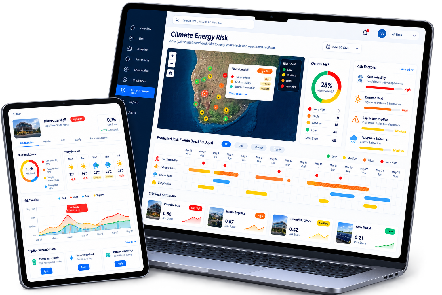 Wattzo climate energy risk dashboard shown on a laptop and a tablet