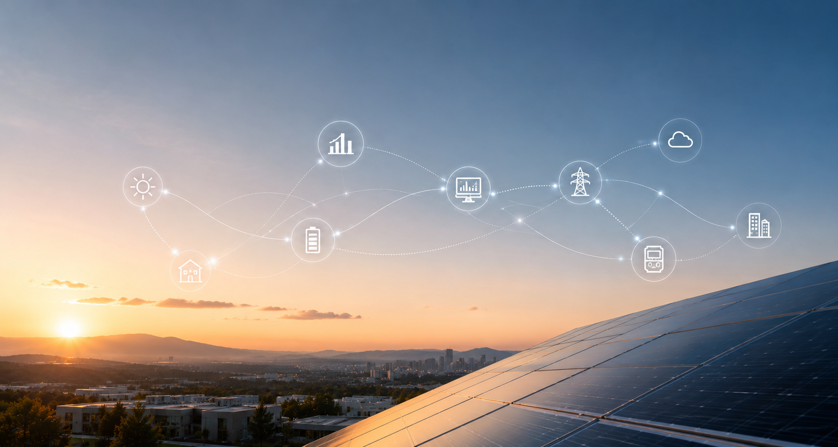 Solar panel array at sunrise overlooking a city with connected energy network icons